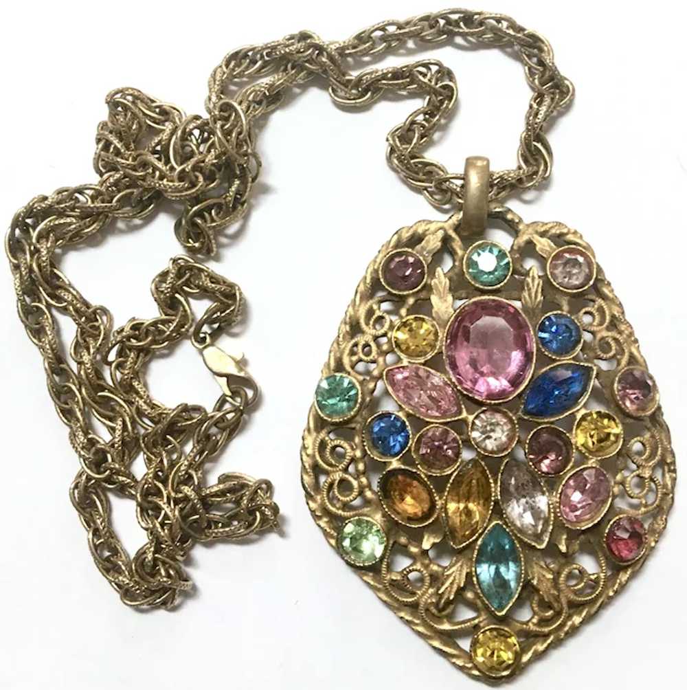 Multi Color Rhinestone Filigree Pendant Necklace - image 4