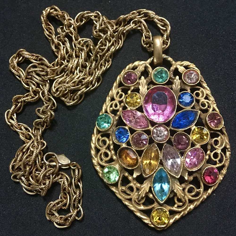 Multi Color Rhinestone Filigree Pendant Necklace - image 5