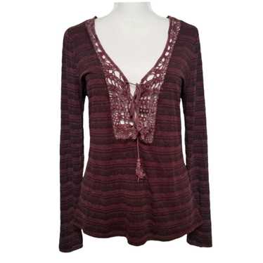 Bke BKE Brand Crochet V Neck Long Sleeve Striped … - image 1