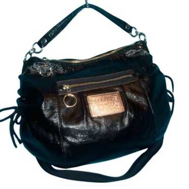 Coach Poppy Jazzy Patent Leather Hobo outlet Bag Purse Black Gold 15289