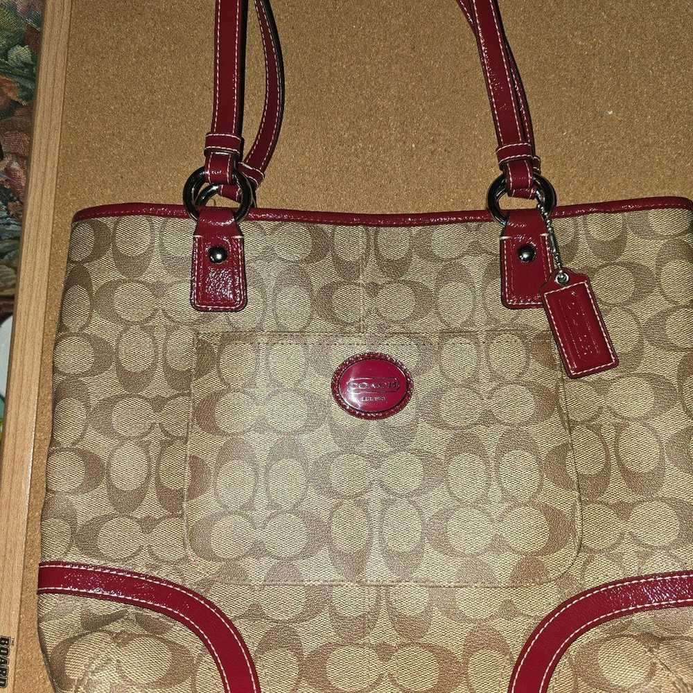 Coach tote signature brown with red trim mint con… - image 1