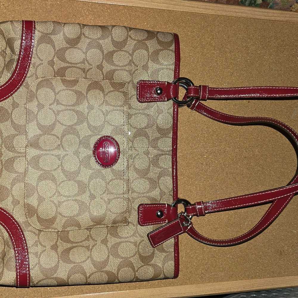 Coach tote signature brown with red trim mint con… - image 5