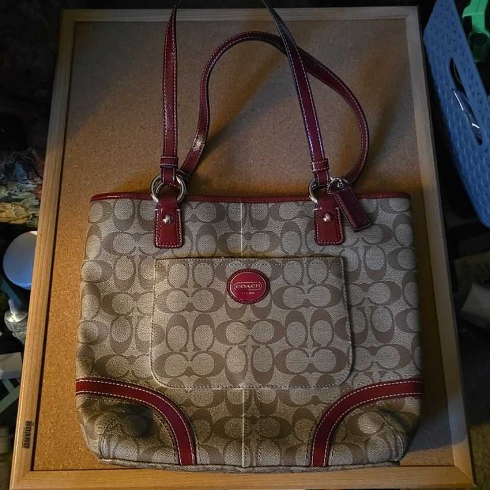 Coach tote signature brown with red trim mint con… - image 6