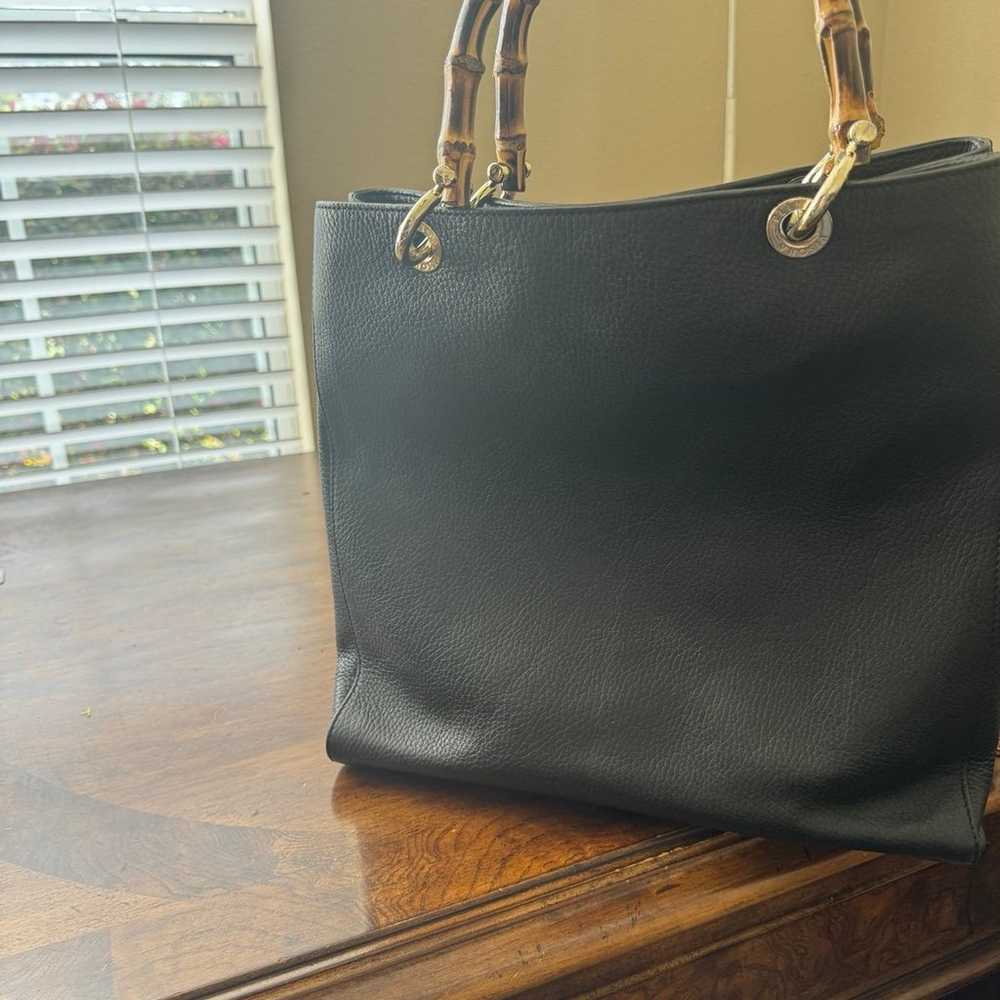 PLINIO VISONA Black Italian Leather Tote with Bam… - image 4