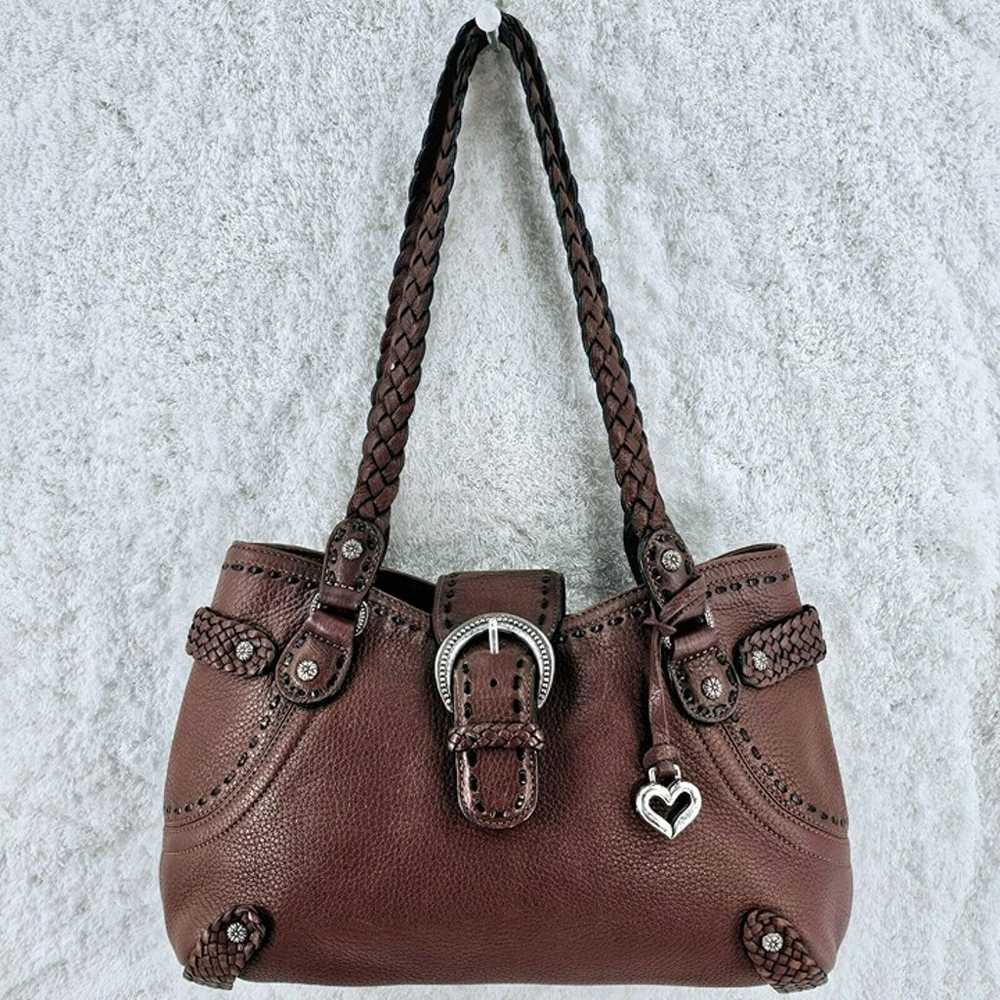 BRIGHTON Brown Pebble Leather Shoulder Bag Lacing… - image 3