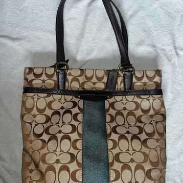 Coach Green Stripe Tote with Brown/Beige Signature