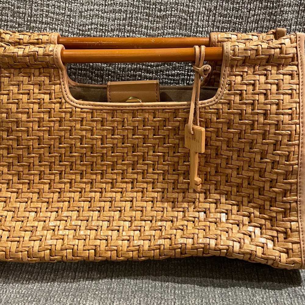 Fossil Basketweave Wood Handle Clutch Vintage Bag - image 1