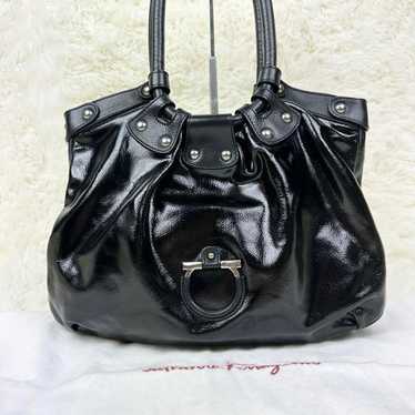 Salvatore Ferragamo enamel leather black tote bag 