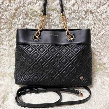 TORY BURCH 2way handbag leather quilting chain bla