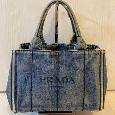 PRADA Handbag Canapa Denim Canvas Navy Triangle Lo