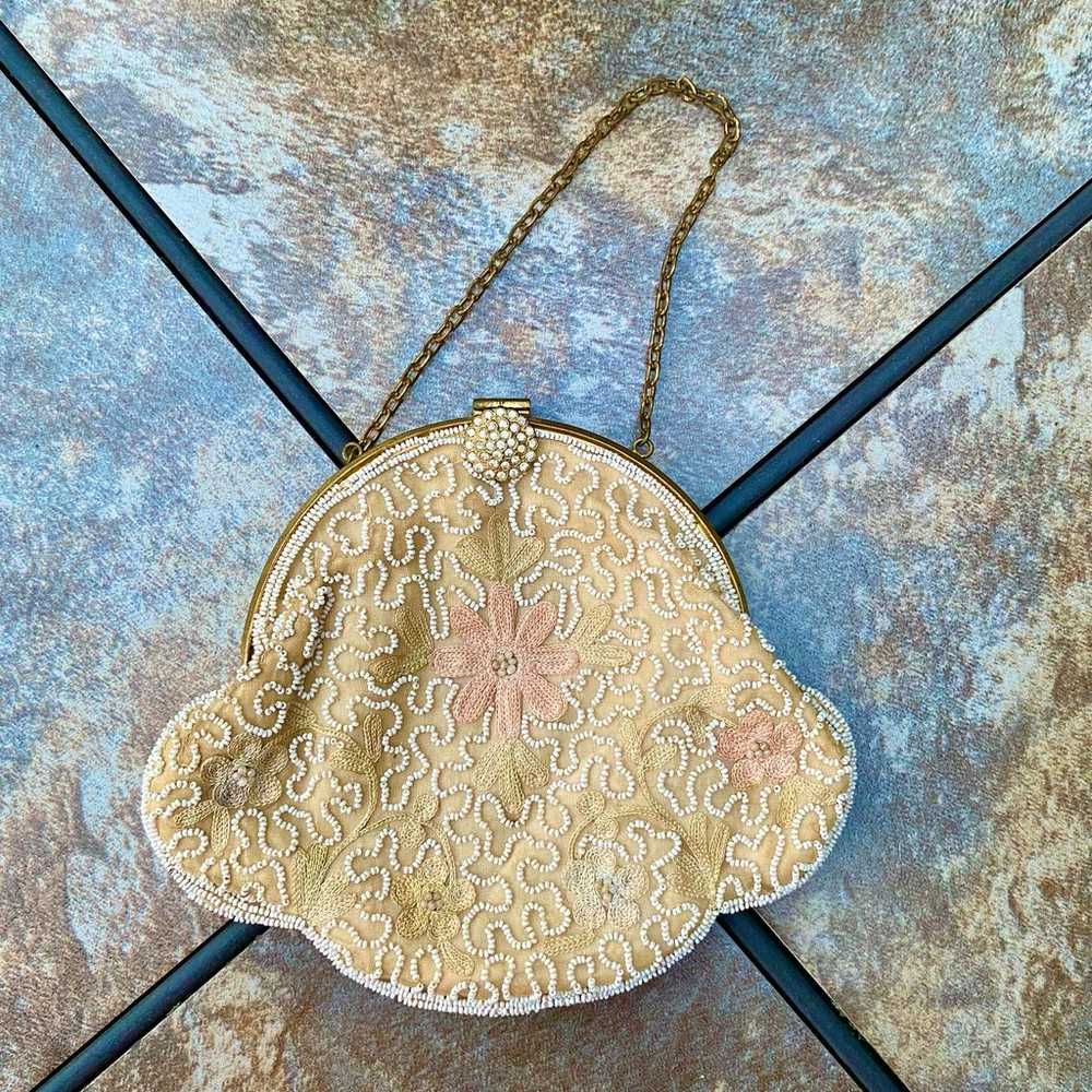 Vintage Beaded Embroidered Satin Evening Purse wi… - image 1