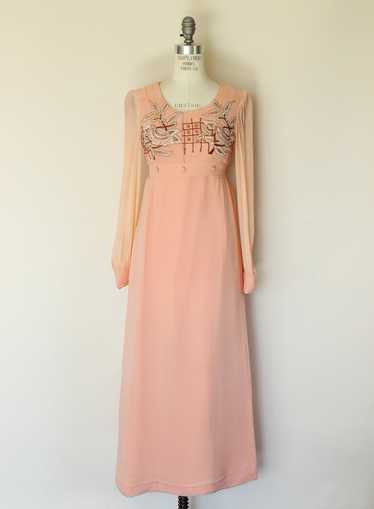 Vintage 1960s Dress, Peach Maxidress with Asian I… - image 1