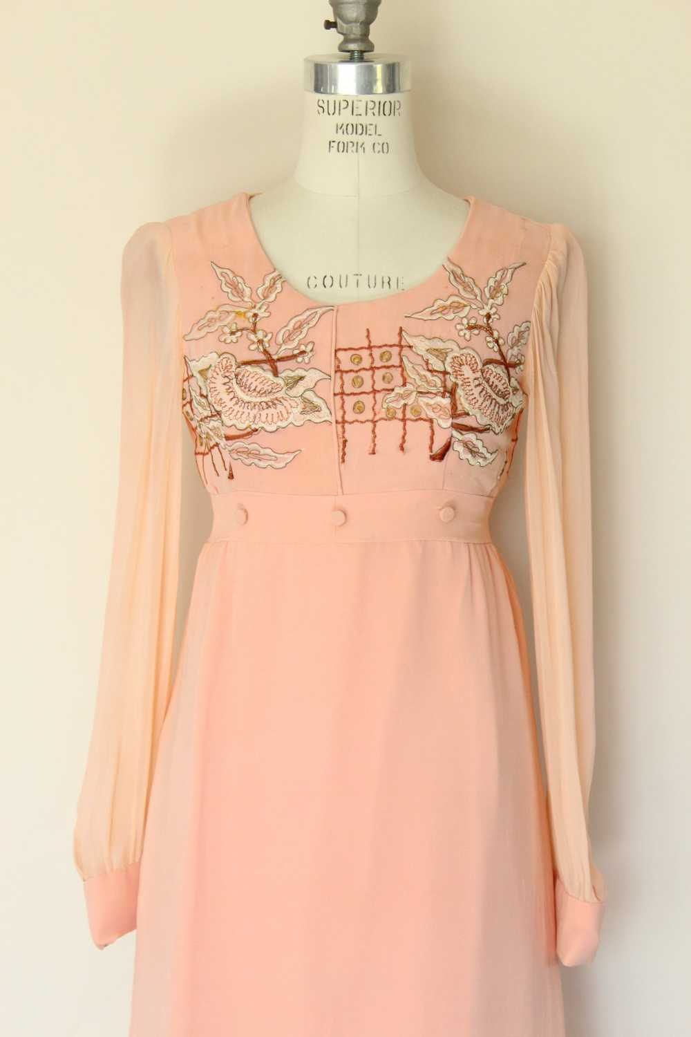 Vintage 1960s Dress, Peach Maxidress with Asian I… - image 2