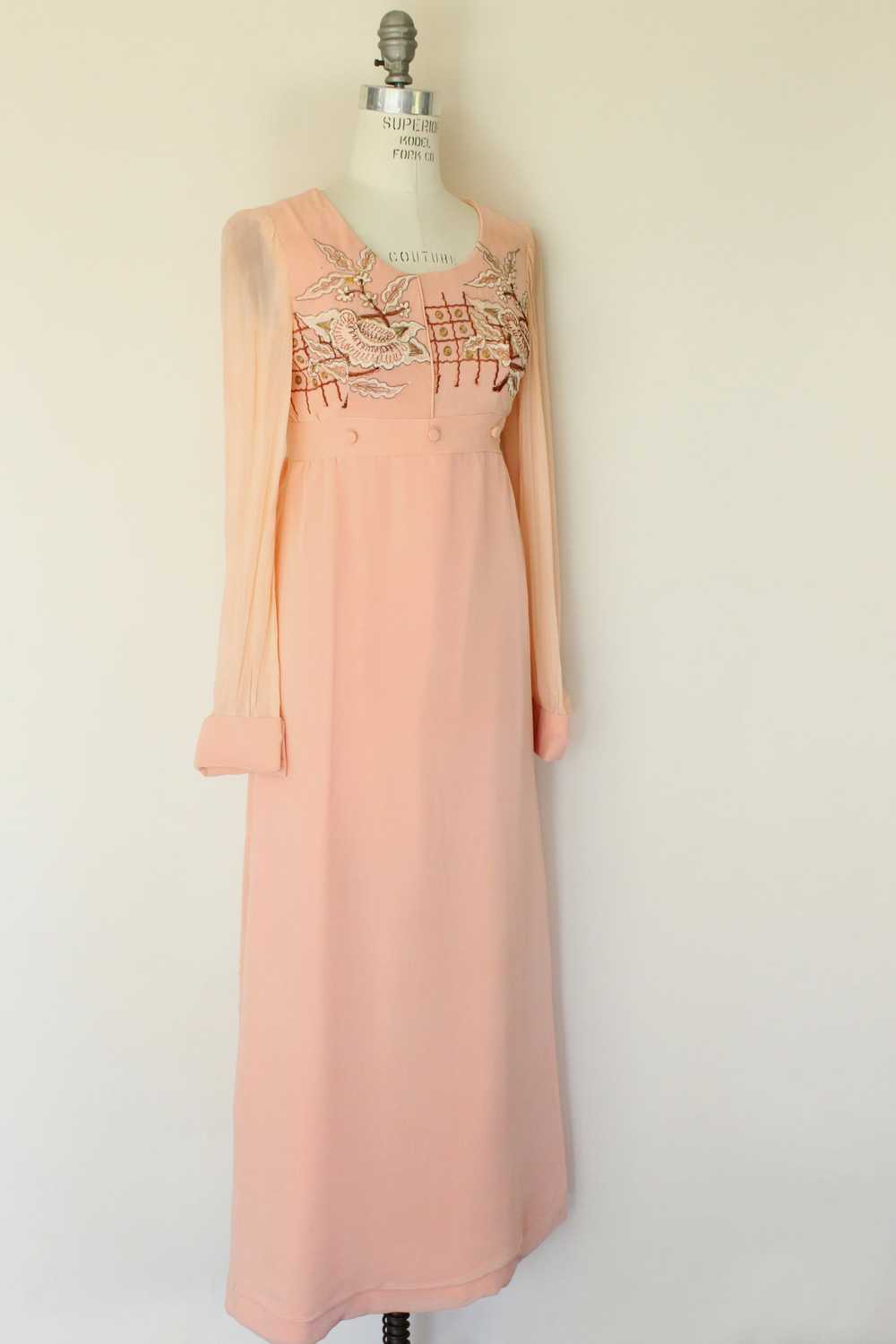 Vintage 1960s Dress, Peach Maxidress with Asian I… - image 8