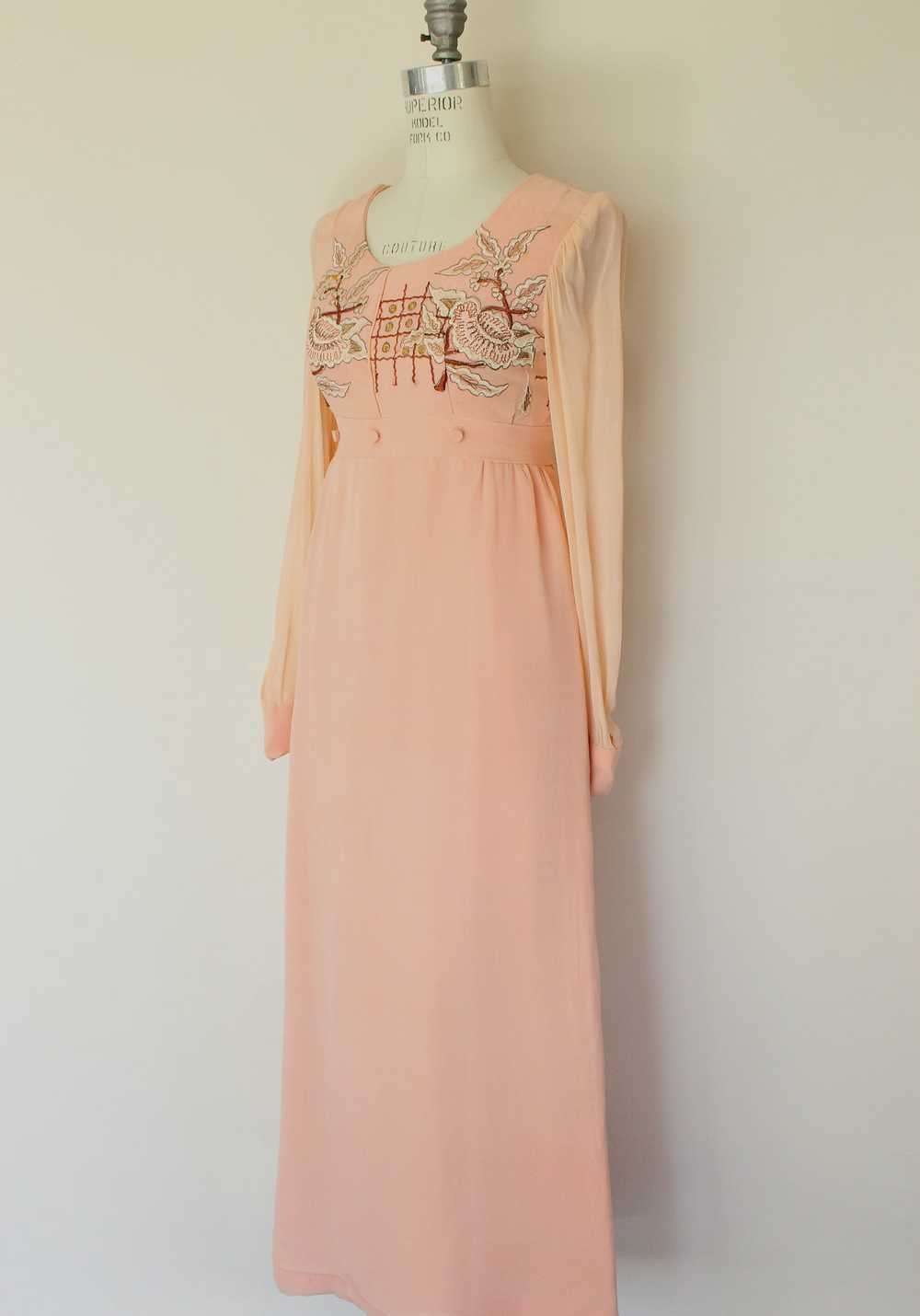 Vintage 1960s Dress, Peach Maxidress with Asian I… - image 9