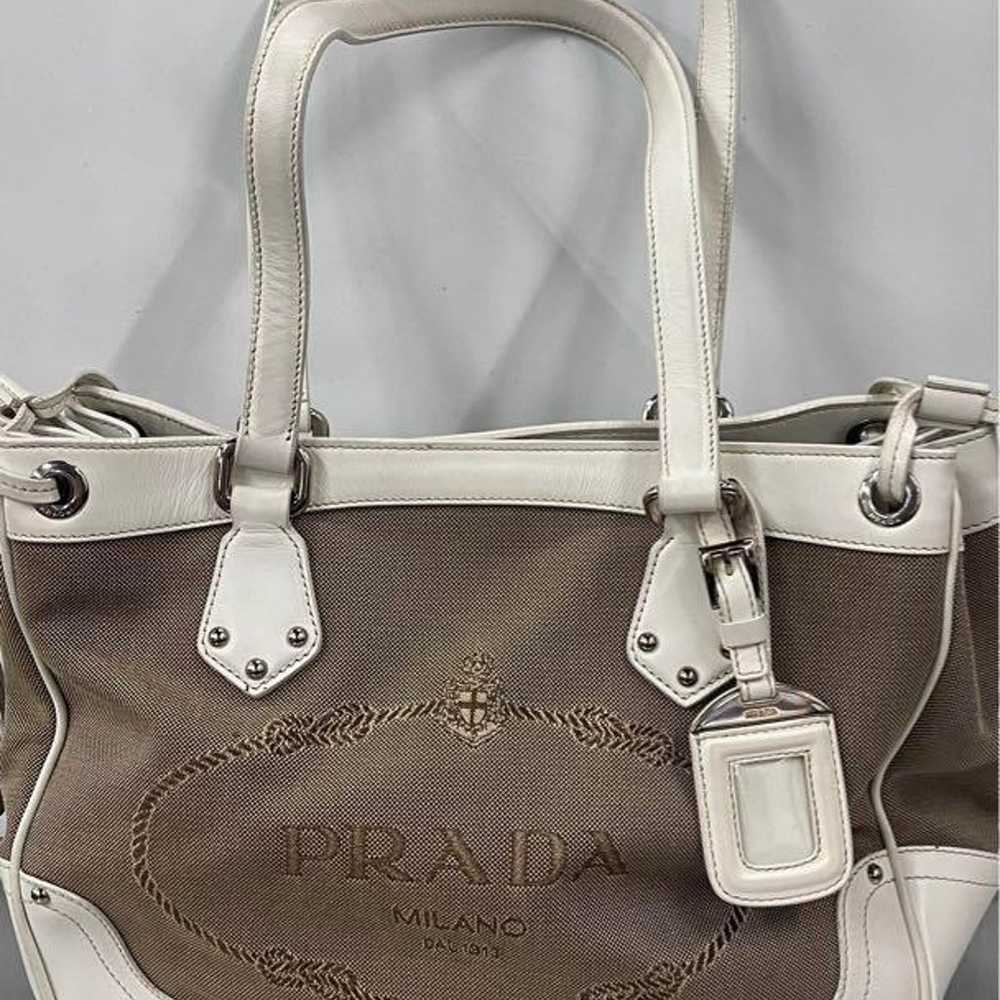 Prada Jacquard Leather Handbag Beige White - image 1