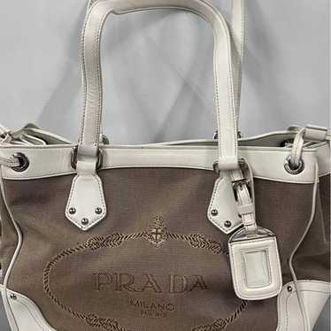 Prada Jacquard Leather Handbag Beige White