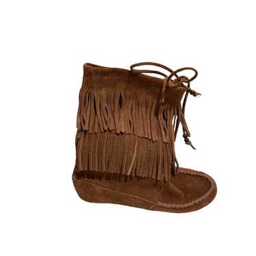 Minnetonka Boots Fringe Mid Calf Camel Leather Su… - image 1