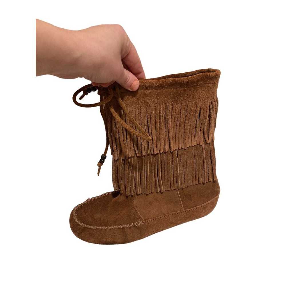 Minnetonka Boots Fringe Mid Calf Camel Leather Su… - image 2