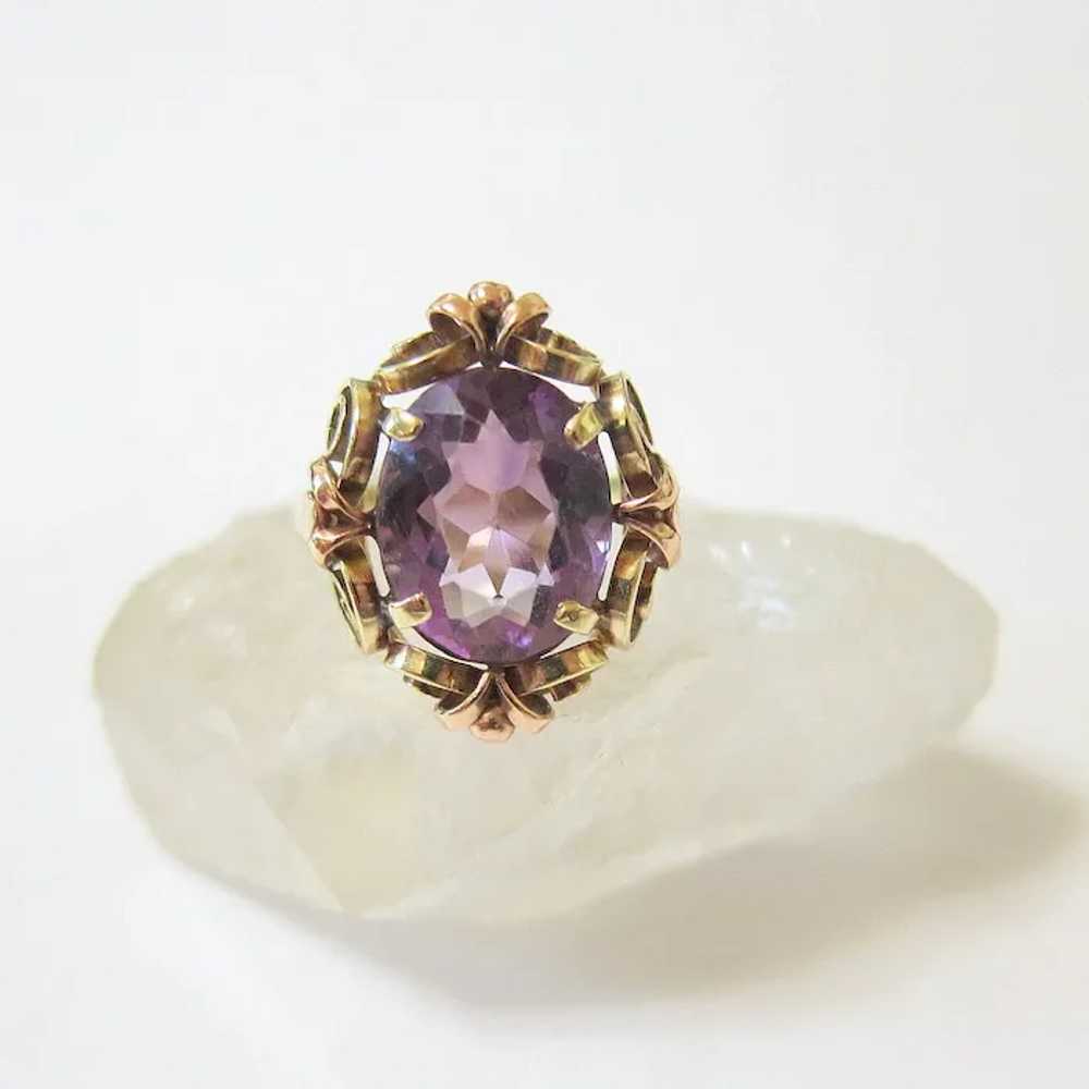 European 14K Yellow Rose Gold Oval Amethyst Ring - image 3