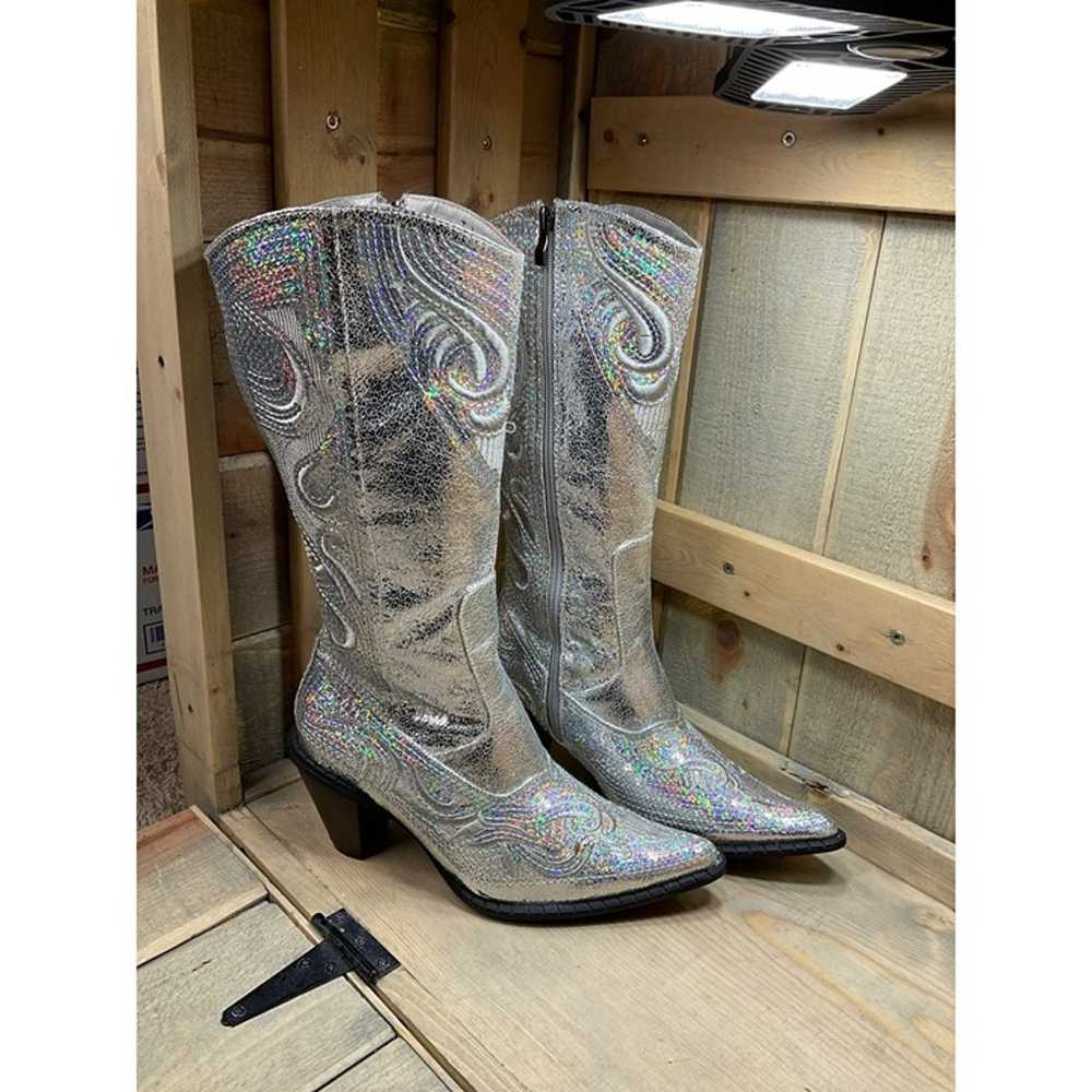 US9 Silver Sequin Faux Leather Party Western Boot… - image 1