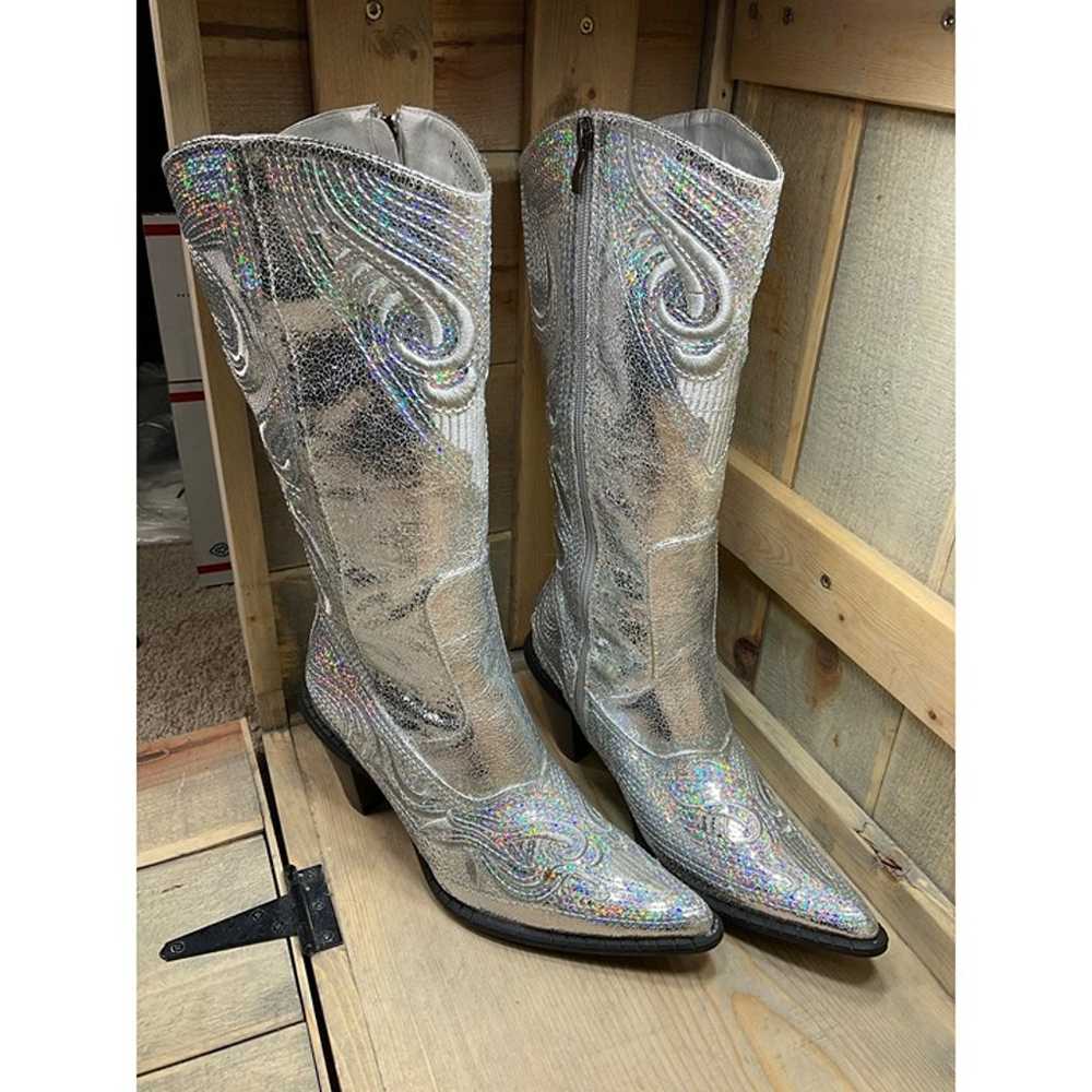 US9 Silver Sequin Faux Leather Party Western Boot… - image 2