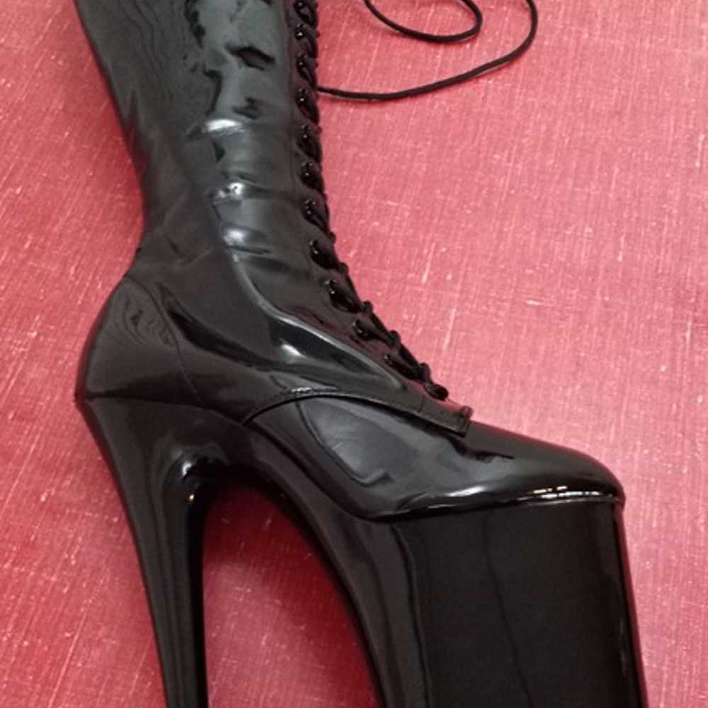 PLEASER 8" Heel Black Patent Platform Side Zip Kn… - image 11