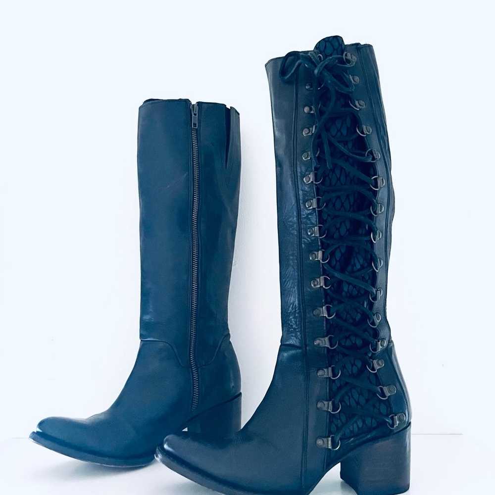 Black Leather Lace Up Boots Knee High Boots by Fr… - image 1