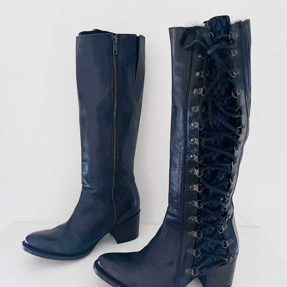 Black Leather Lace Up Boots Knee High Boots by Fr… - image 3