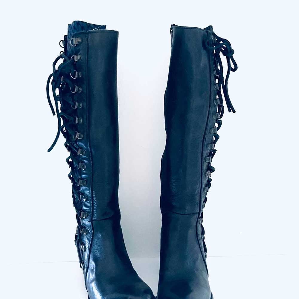 Black Leather Lace Up Boots Knee High Boots by Fr… - image 5