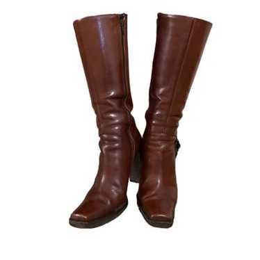 Brown Leather Calf-High Heeled Boots with Buckle b