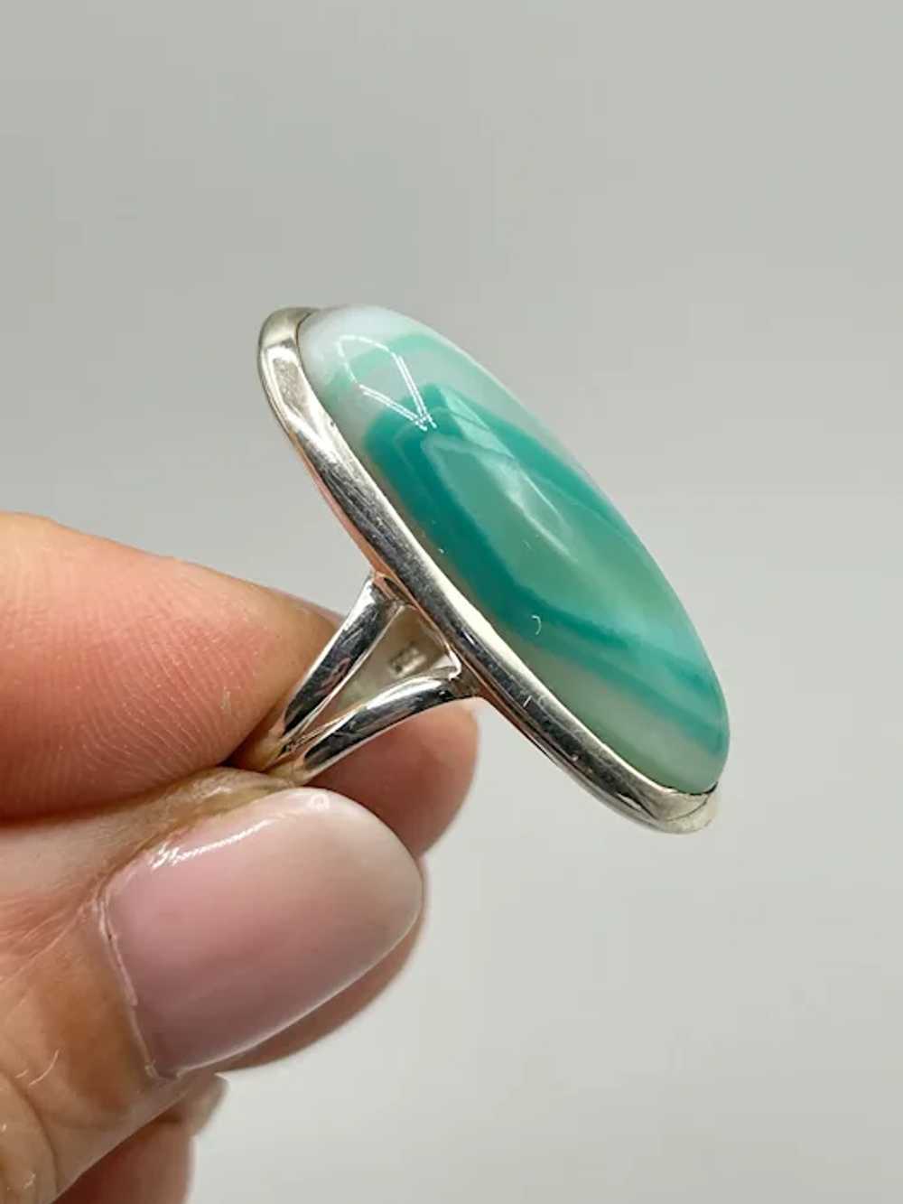 Vintage Sterling Silver & Green Agate Ring Size 6… - image 3