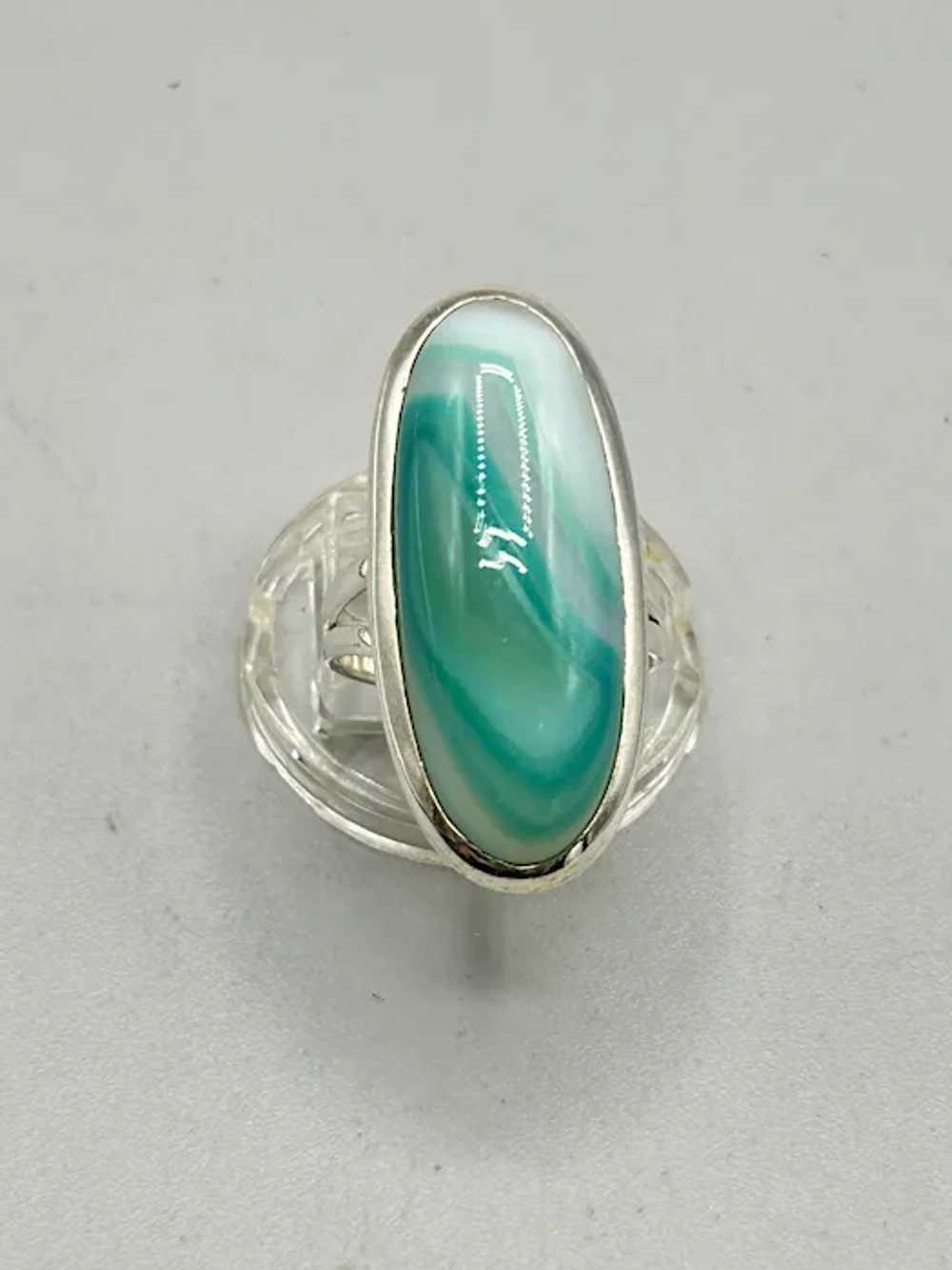 Vintage Sterling Silver & Green Agate Ring Size 6… - image 5