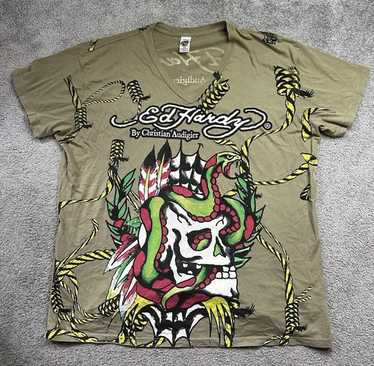 y2k✨️00s Ed Hardy 名作 ラブキル スカル 両面ロゴ ピチT USA製 エドハーディー ピチTシャツ 骸骨 龍 両面プリント