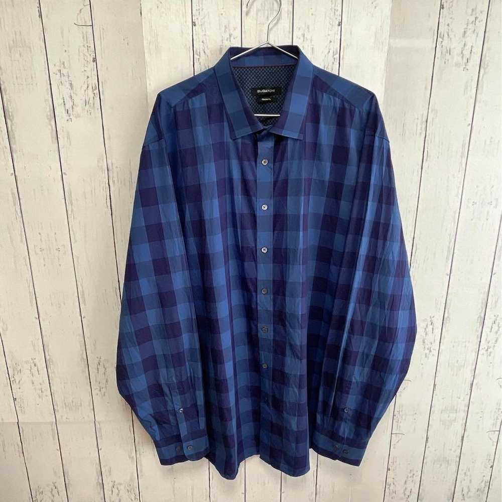 BUGATCHI Dress Shirt Long Sleeve XXL Blue Checker… - image 2