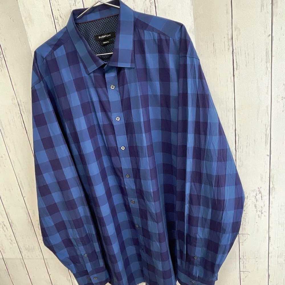 BUGATCHI Dress Shirt Long Sleeve XXL Blue Checker… - image 4