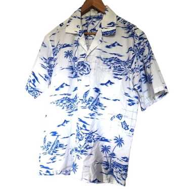 Vintage Hawaiian Shirt Mens Large Blue White Islan