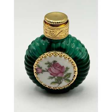 Vintage Green glass porcelain flower perfume bott… - image 1