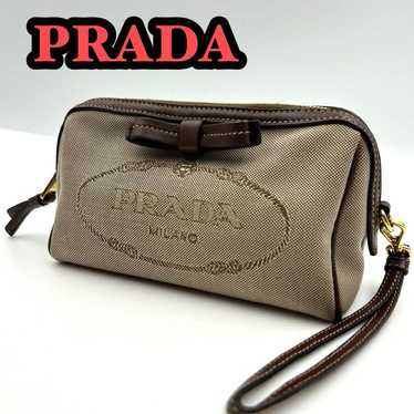 PRADA Pouch Logo Jacquard Vanity Pouch Canvas Ribb