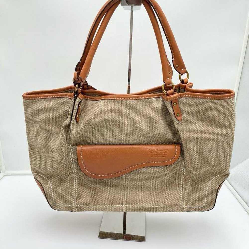 RALPH LAUREN Saddle Flap Canvas Leather Tote Bag - image 1