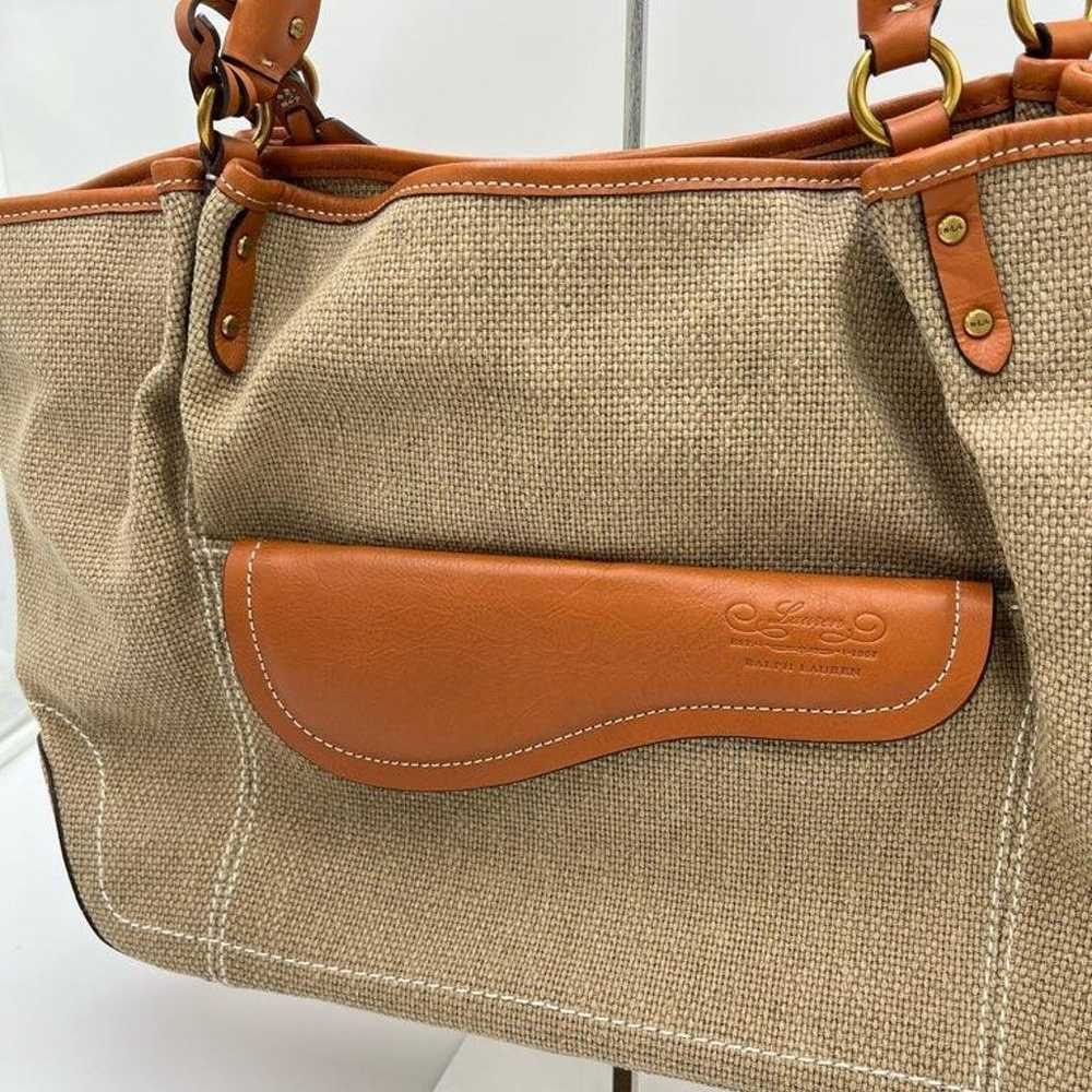 RALPH LAUREN Saddle Flap Canvas Leather Tote Bag - image 2