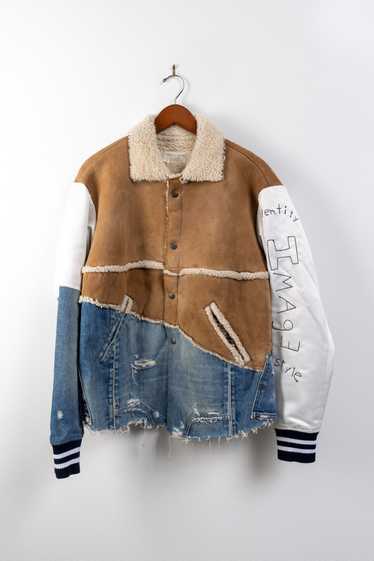 Greg Lauren 50/50 Shearling x Denim Varsity Jacket