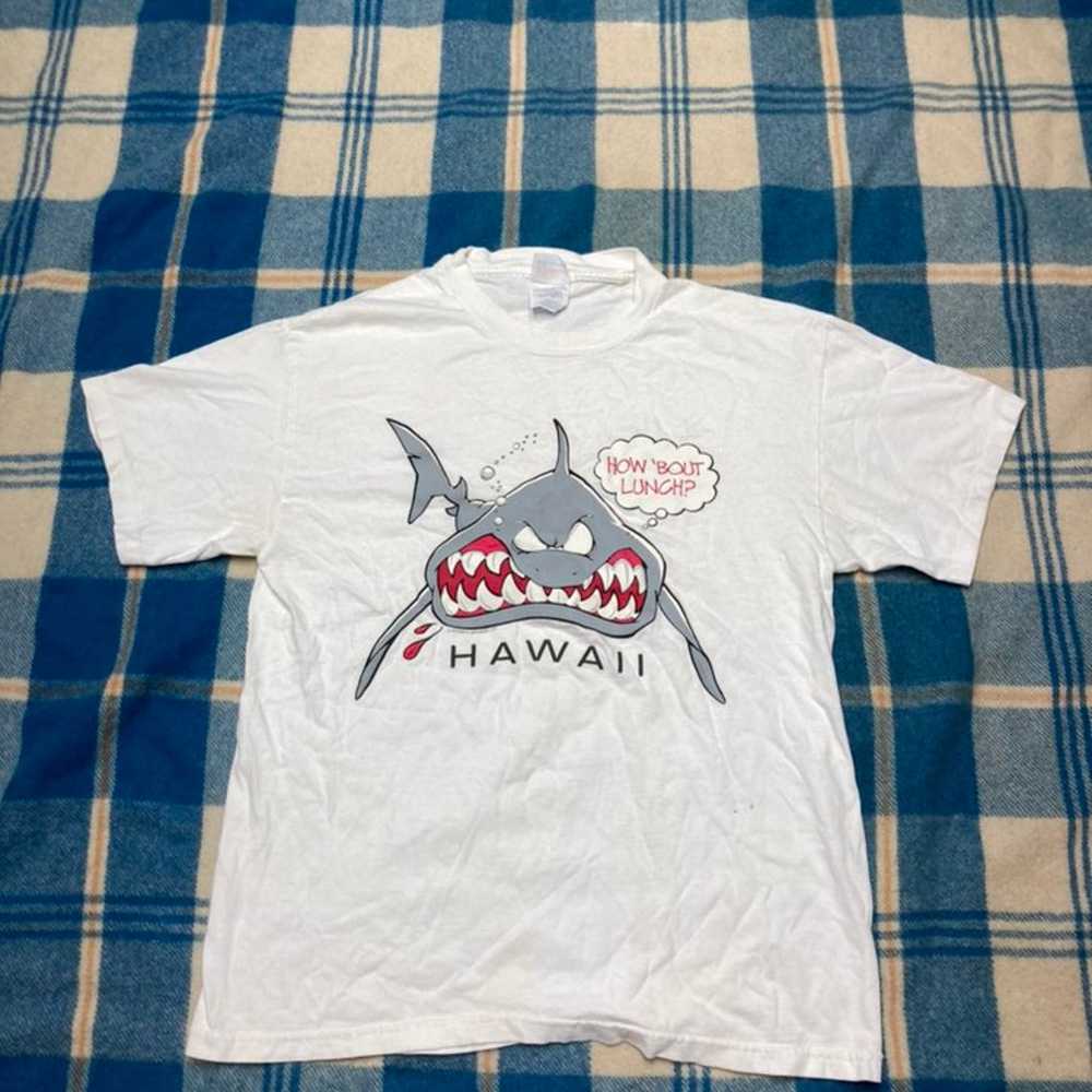 Vintage 90s HANES t shirt puff print shark graphi… - image 1