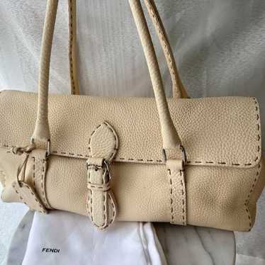 Fendi Selleria Linda Handbag Leather Stitch Beige