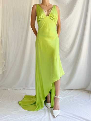 1990s Silk Chartreuse Asymmetrical Hem Gown - S