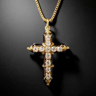 Victorian Diamond And Black Enamel Cross Pendant/… - image 1