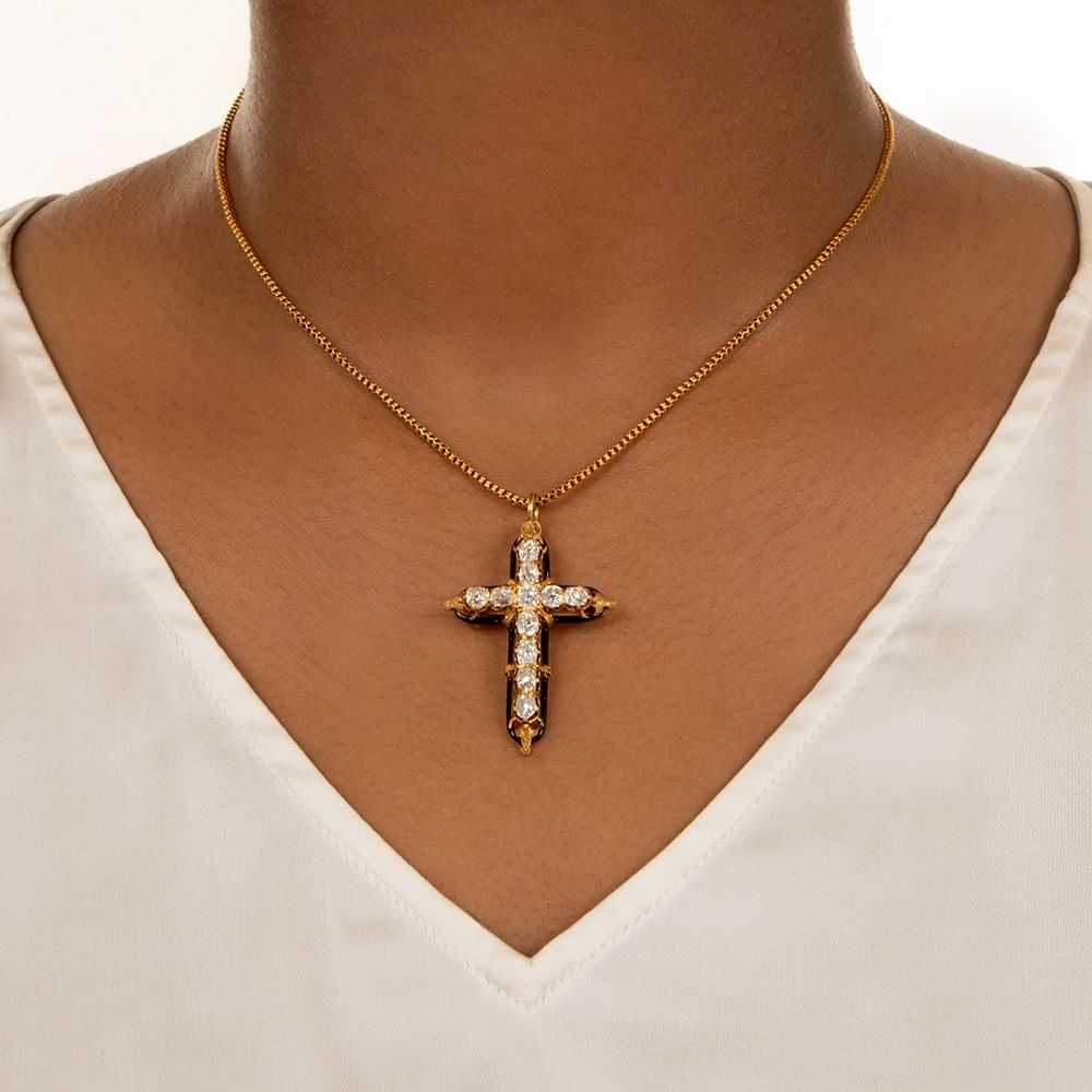 Victorian Diamond And Black Enamel Cross Pendant/… - image 3