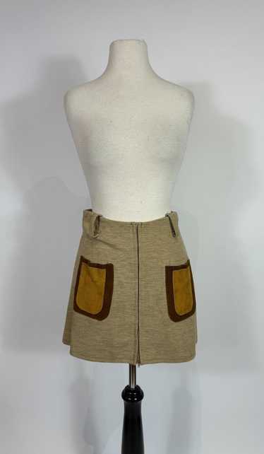 1970s Tan Suede Patchwork Pocket Mini Skirt Boho H