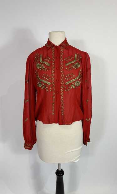 1950s Red Silk Gold Embroidered Blouse