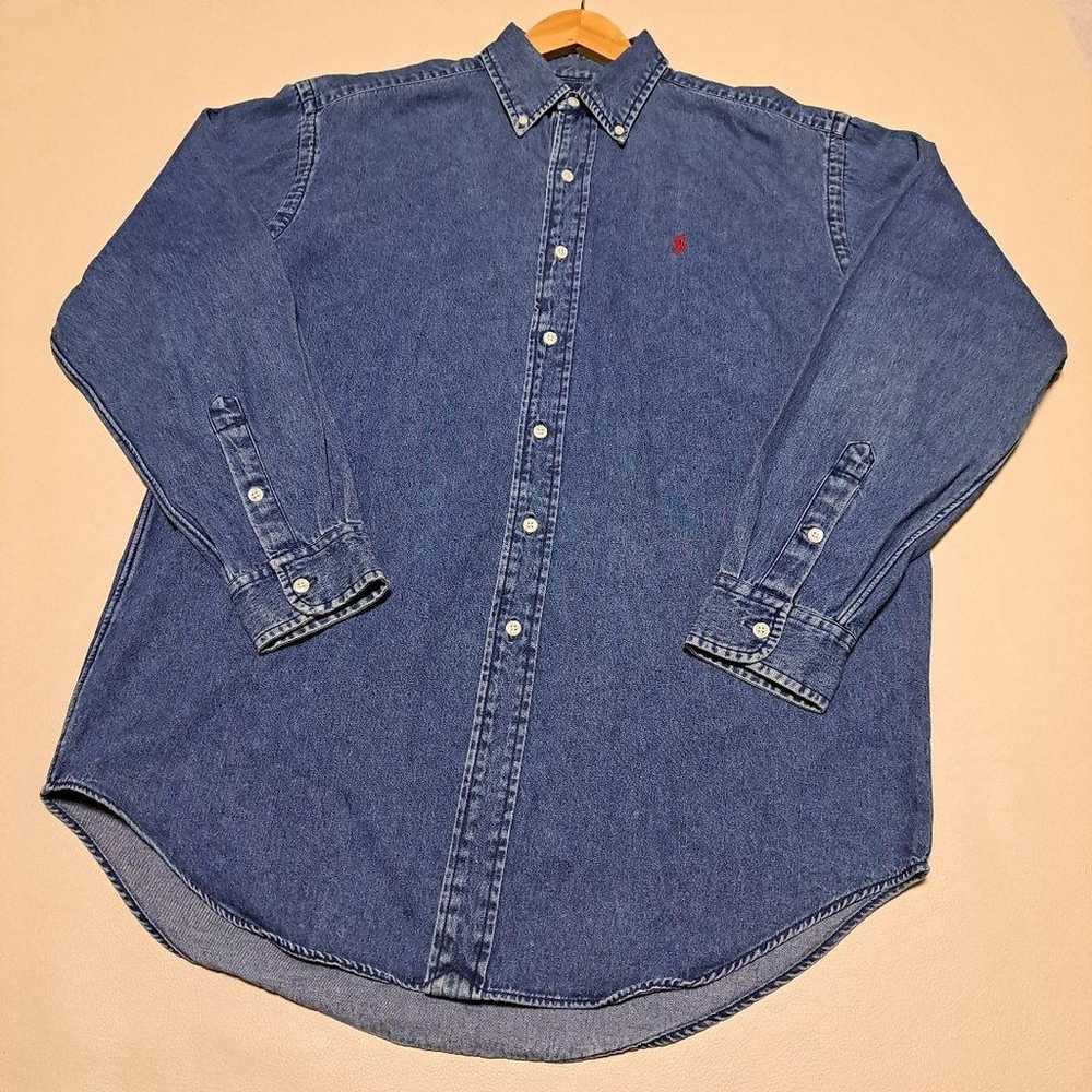 90s Ralph Lauren long-sleeve denim shirt with one… - image 3